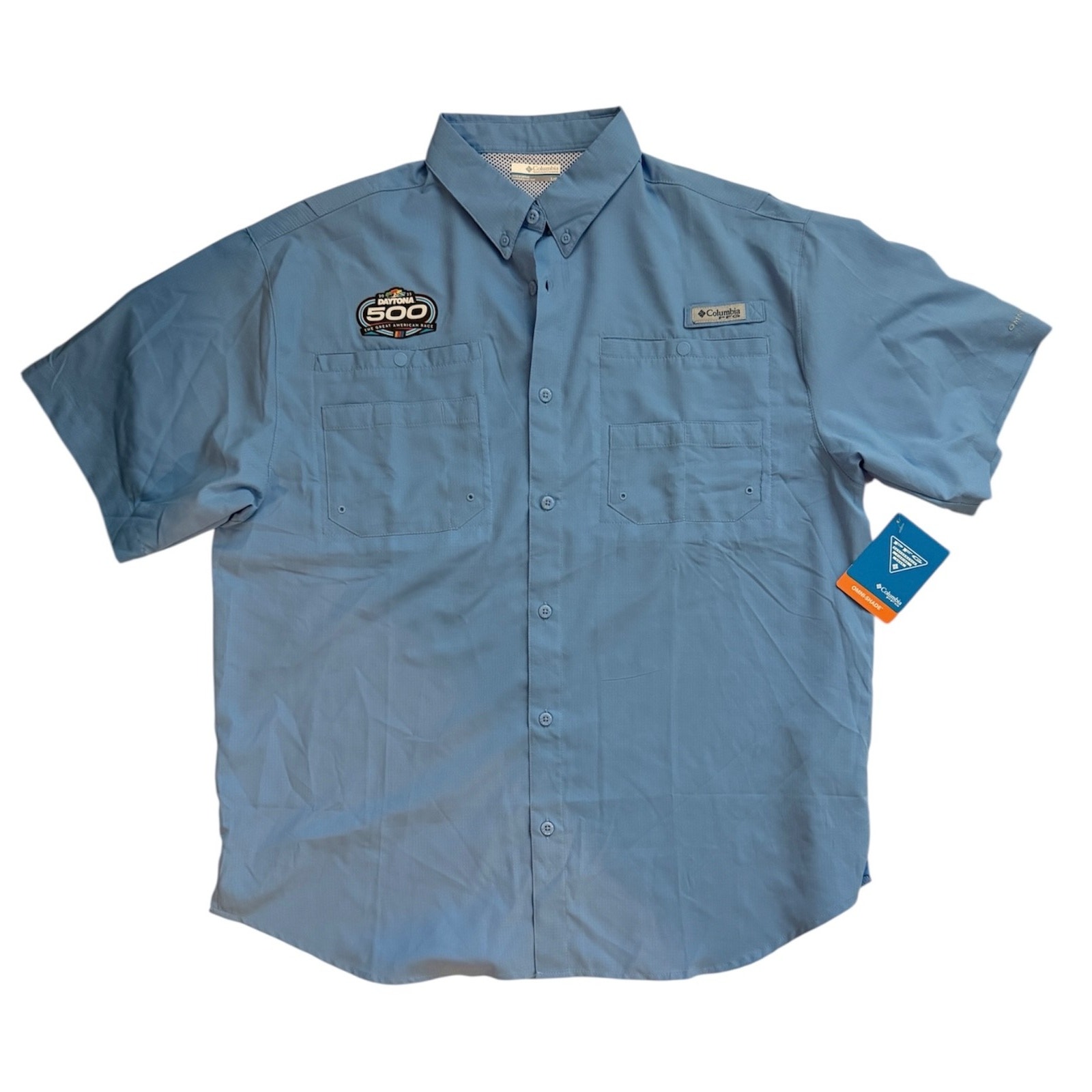 Columbia Pfg Daytona 500 Nascar Tamiami Blue Button Fishing Short Sleeve Large